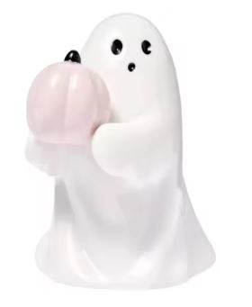 White resin ghost figurine cradling a pale pink pumpkin