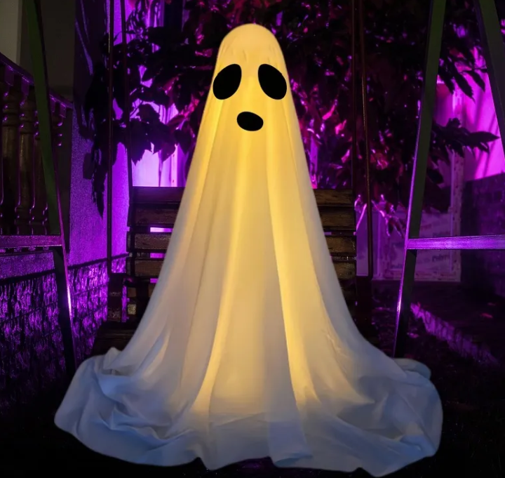 Hanging cloth ghost decoration with softly closed teardrop eyes