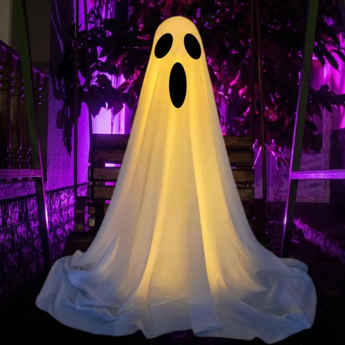 Hanging cloth ghost decoration with round eyes and a wide oval mouth
