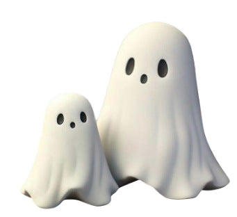 Pair of white ghost figurines, one large and one small, side by side