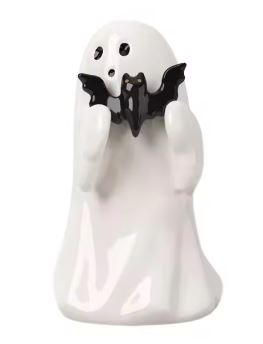 White resin ghost figurine holding a small black bat up to its face