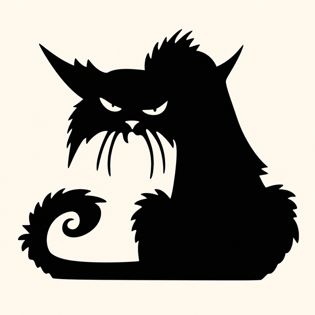 Prowling black cat silhouette wall decal with a curled tail on a warm ivory background