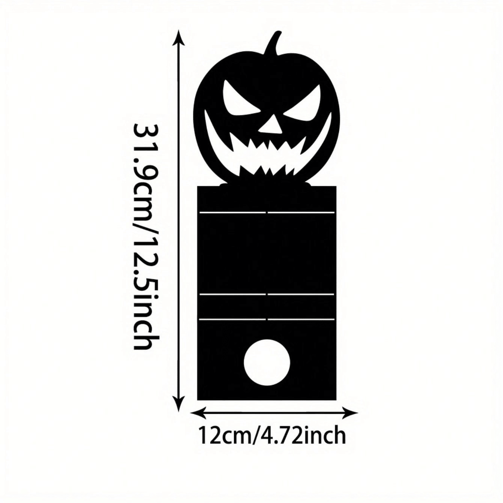 Size diagram of the black iron jack-o'-lantern tealight holder: 31.9 cm tall by 12 cm wide