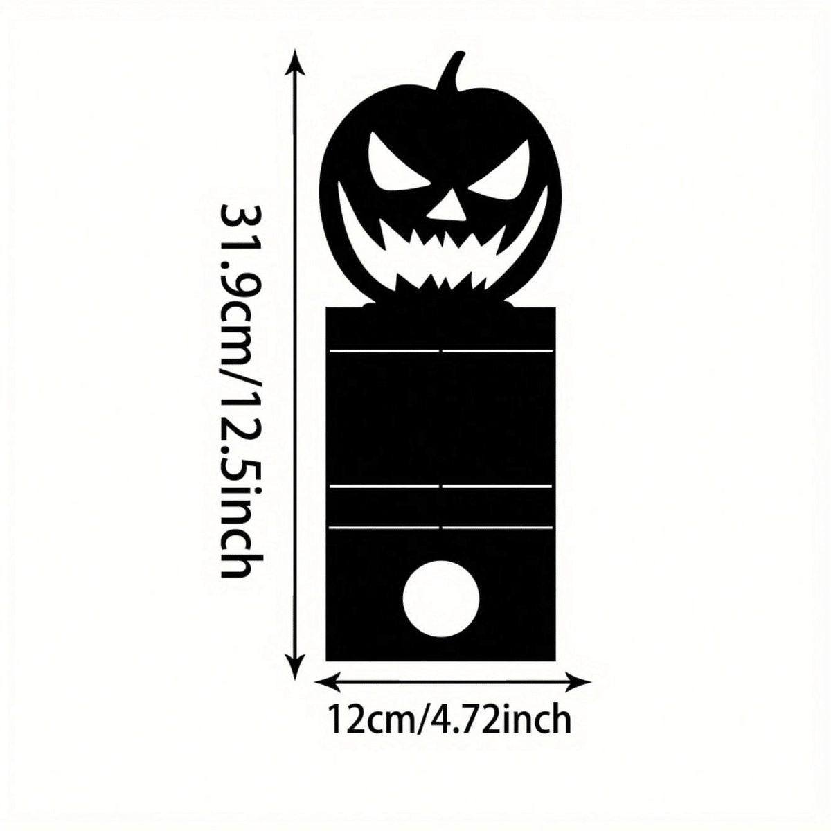 Size diagram of the black iron jack-o'-lantern tealight holder: 31.9 cm tall by 12 cm wide