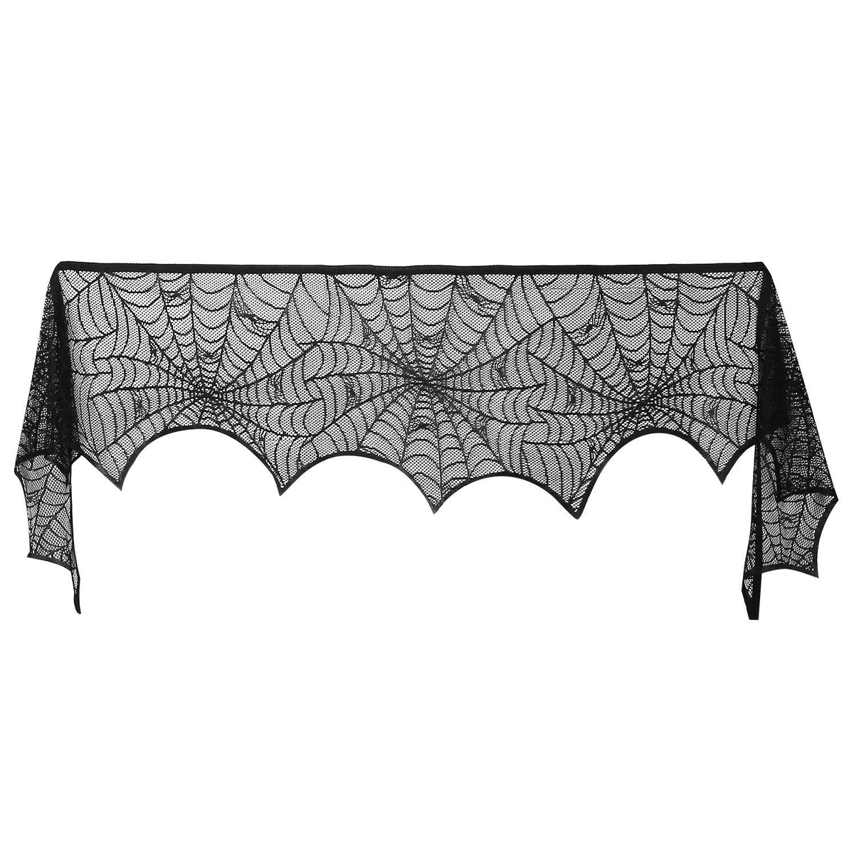 Flat view of the black lace spiderweb mantel scarf showing the full web pattern