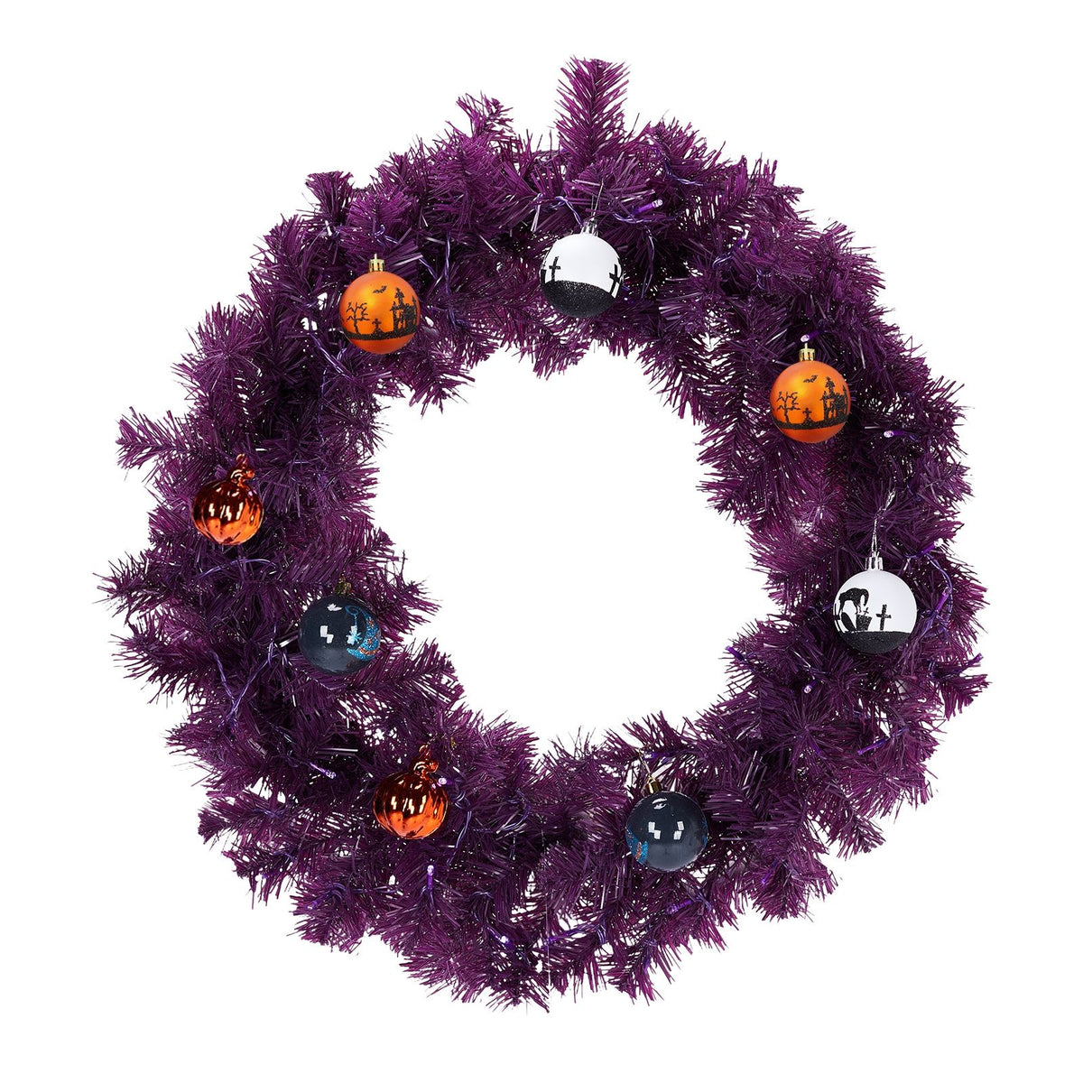 24 inch purple Halloween wreath with clip-on pumpkin, ghost and black cat ornaments, shown unlit on white
