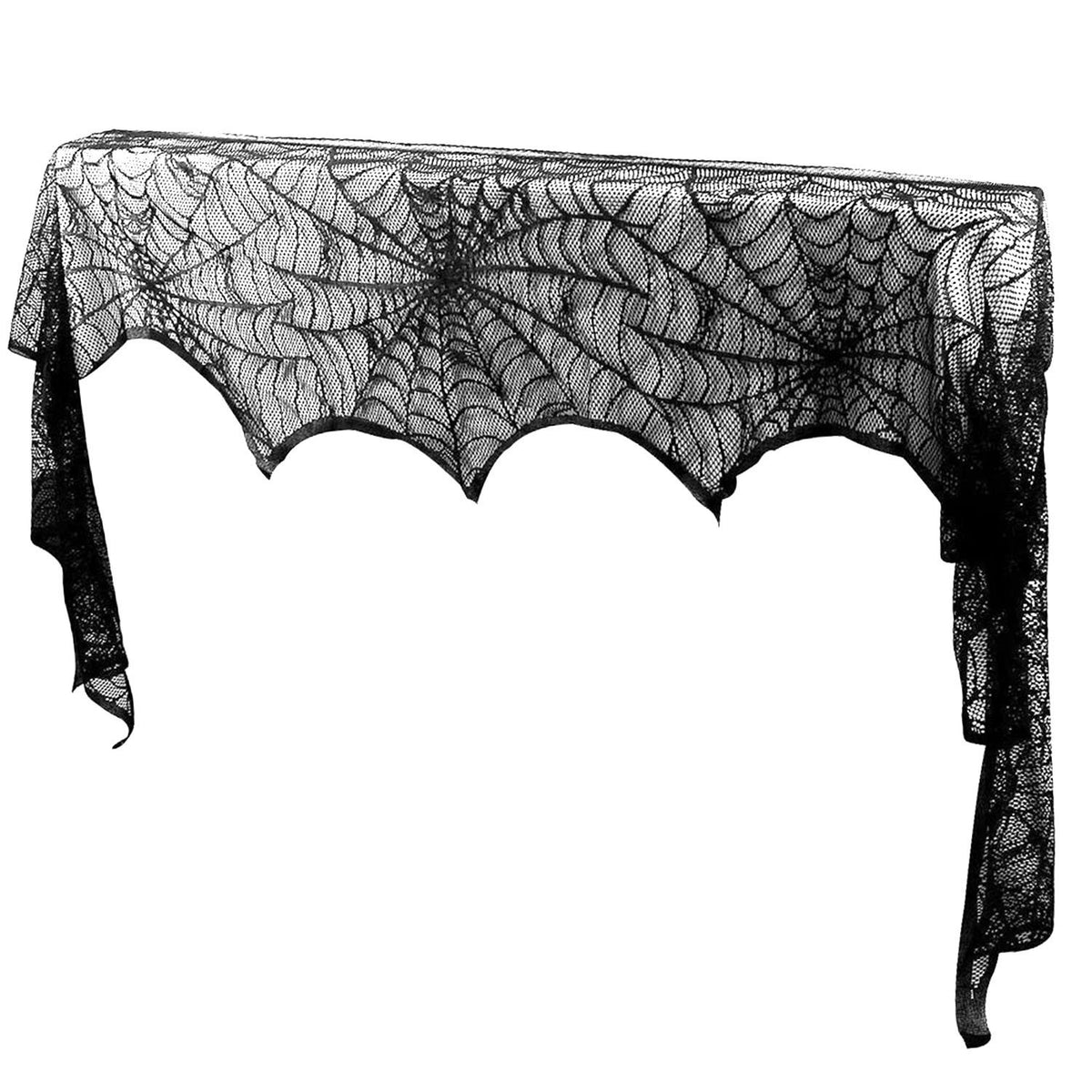 Angled view of the 96 inch black lace spiderweb mantel scarf with its scalloped bat-wing edge